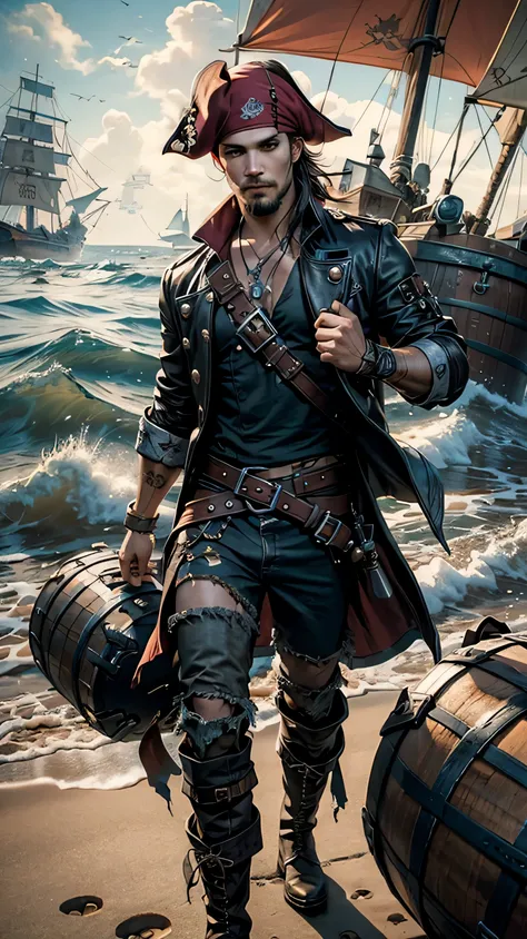 (maximum quality, 8k), Pirate boy with fallen weapon, todo o corpo, Roupas rasgadas, botas de couro, Segurando um barril de rum pirata, cabelo castanho avermelhado, serious expression, Navio pirata ao fundo, praia, Piratas do Caribe, sea of thieves, skull ...