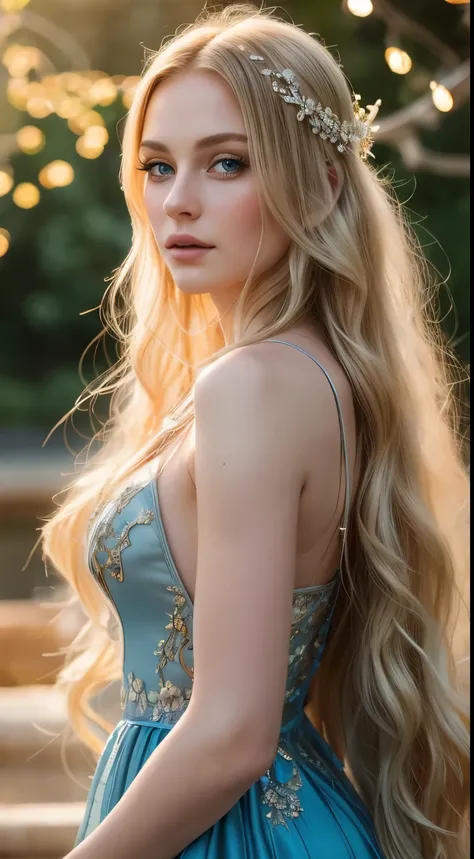 Artistic and beautiful image of a woman with flowing golden hair, piercing blue eyes, wearing a flowing gown adorned with intricate floral patterns. Ethereal lighting accentuates her features as she strikes an elegant pose, emanating grace and allure. The ...