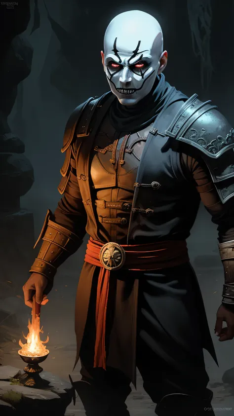 ((Mads Mikkelsen)) as ((Quan Chi)) from Mortal Kombat, solo, sorcerer and necromancer, bald head, pale skin, glowing red eyes, wears dark necromancer armor adorned with occult symbols, dark magic, highly detailed face, full body view, highly detailed face,...