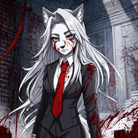 Loona, female wolf, anthro, long white hair, light grey eyes, suit with tie, blood on clothes, bloody, blood on face, standing, staring at viewer blankly, extremely detailed, solo, beautiful, high quality, 4K, 8K, HDR