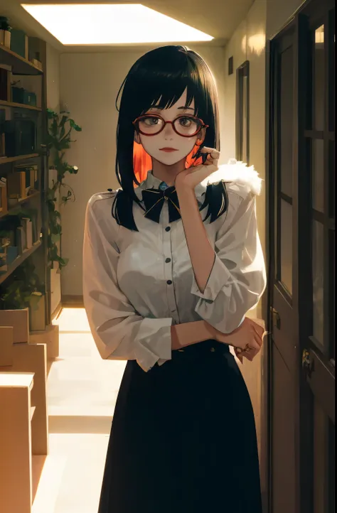 (highest quality, masterpiece), 1 girl, dappled sunlight, indoors, Glasses, shy, 1 girl, young girl, (I get goosebumps:0.7), beautiful face, (eyeliner, lipstick:0.9), 4K, 8K, UHD, HDR, detailed background, background