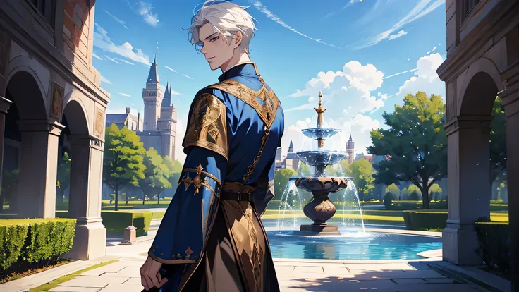 tmasterpiece，Best quality，1 man, The background is the fountain park, medieval times, blue sky, white hair male, detailed face, handsome face, walking, looking back
