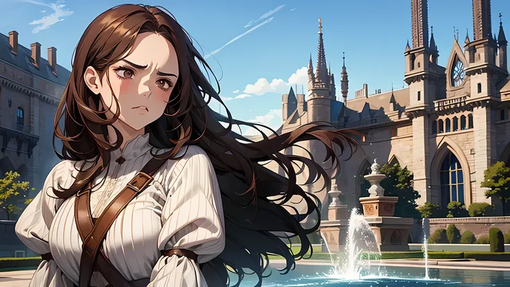 beautiful girl, thick brown hair, brown eyes, plump lips, face detailed, medieval times, in fountain park, blue sky, angry face, full of expression, frown, lost for words