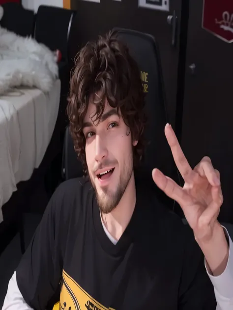 Hombre arafed con cabello rizado haciendo un signo de paz con los dedos., contraction serpentine / jugador ludwig, rizos en la parte superior de su cabeza, xqc, he has short curly brown hair, cara de muy alta calidad, Estilo Tyler Jacobson, sonrisa autosat...