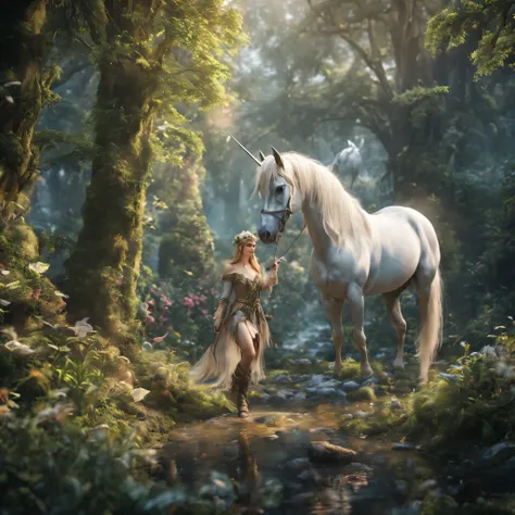 (8K RAW photo,highest quality, masterpiece:1.2), (realistic, photo-realistic:1.37),elf and unicorn, fantasy world, fantastical scenes,