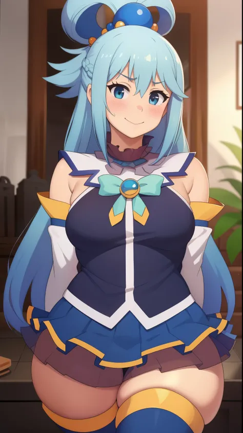 aqua (konosuba), ((highres)), Masterpiece, high quality, best quality, beautiful, perfect lighting, detailed face, ultra cute face, (blush), ((1girl)), ((solo)), Separated sleeves, blue blouse, skirt, thigh boots, Hair ornament, Hair ring, Long hair, blue ...