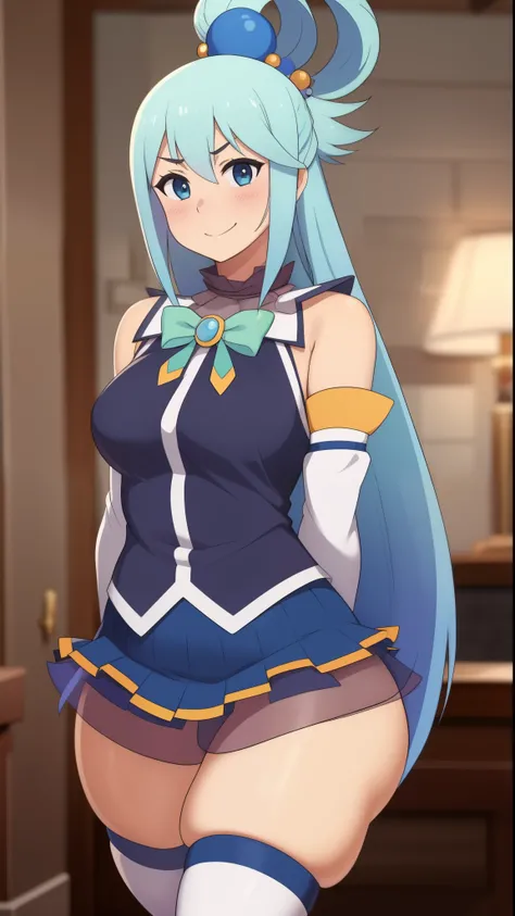 aqua (konosuba), ((highres)), Masterpiece, high quality, best quality, beautiful, perfect lighting, detailed face, ultra cute face, (blush), ((1girl)), ((solo)), Separated sleeves, blue blouse, skirt, thigh boots, Hair ornament, Hair ring, Long hair, blue ...