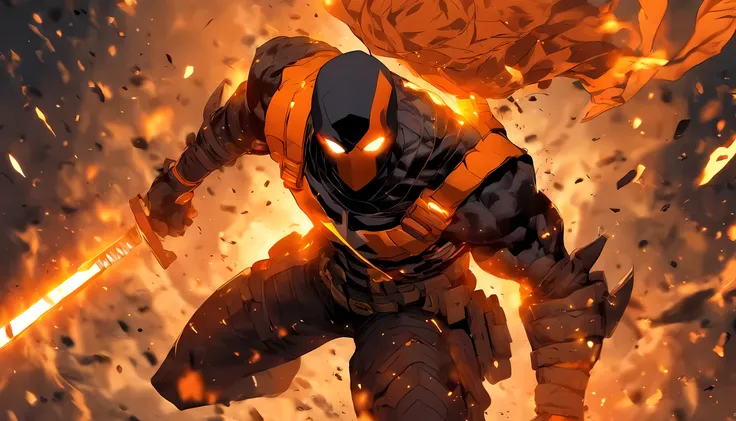 deathstroke from dc comic, holding a sword on his right hand, flame coming out from his sword, full body illustration, lighting swirling around his body, 