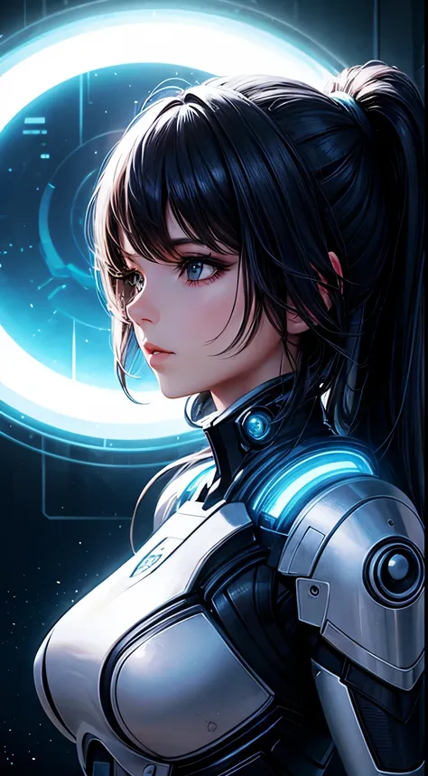 beautiful woman, sci-fi, 30 years old, 2d background with light effects