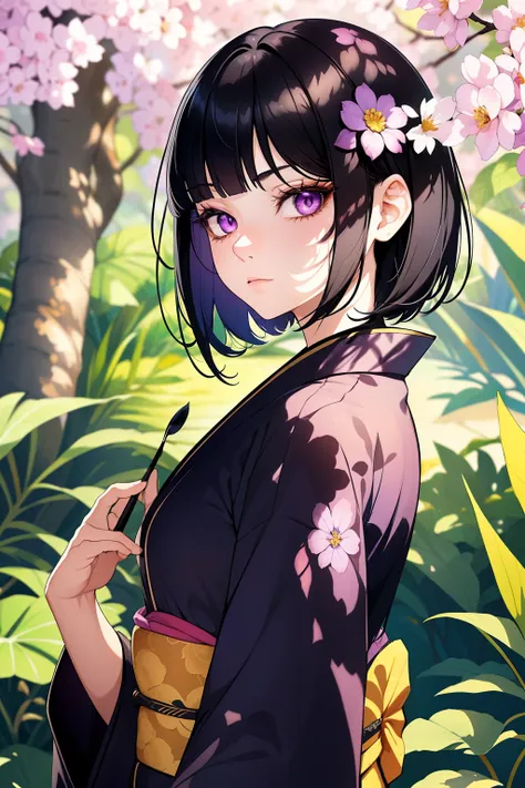 1 girl, alone, upper body,
black hair, short hair,
purple eyes, Long eyelashes, thick eyelashes, look at viewer,
Stationary face,
kimono shirt,
Beautiful background, Fantasy Background, It is in a quiet area under the shade., Design images with a fisheye l...