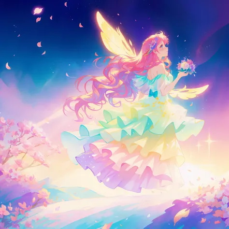 beautiful girl in tiered gradient ballgown dress, gradient colorful dress, ((layered flower petal skirt)), fairy dress, fairy queen, magical fantasia background, (glowing fairy wings), glowing flowing ballgown, long wavy hair, sparkling fairy wings, waterc...