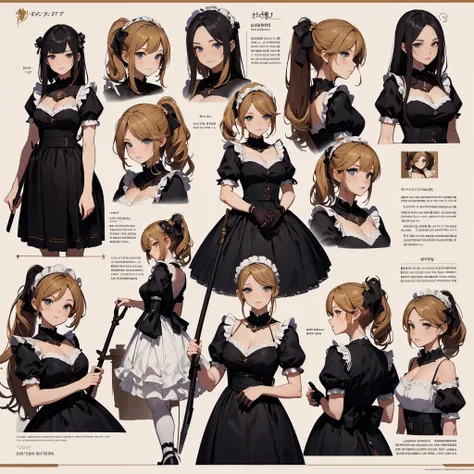 ((Masterpiece, Highest quality)), Detailed face, CharacterDesignSheet， full bodyesbian, Full of details, Multiple poses and expressions, Highly detailed, Depth, Many parts，Beautiful Maid，holding a scythe，shinigami，golden colored，double-ponytail，estilo fant...