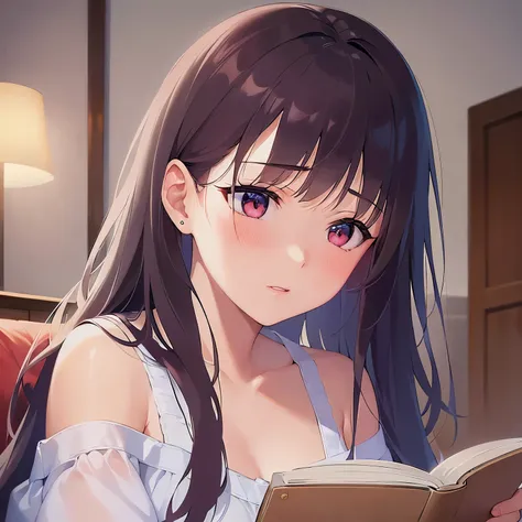 (reading a book:1.2), cinematic angle, (looking away:1.5), real person, RAW photo, photorealistic, portrait photography, shiny skin, japanese idol、A 25-year-old woman with bright chestnut bangs.、(long wavy hair) and (pink eyes), (wearing a white off-should...