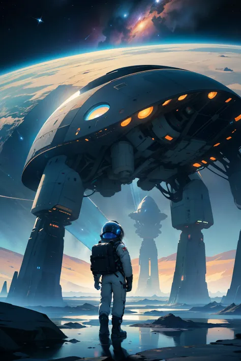 Ultra-detailed and hyper-realistic, the image showcases an awe-inspiring scene of an astronaut kid walking on the surface of a new planet. Standing beside a magnificent science fiction spaceship, the  marvels at the alien landscape that stretches before th...