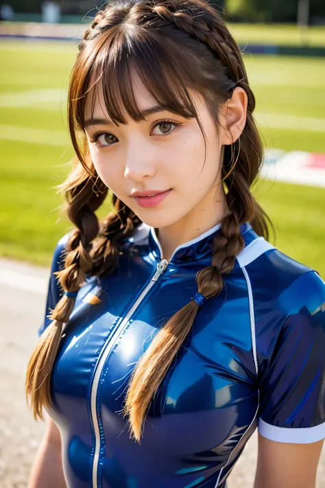 　football uniform,　Soccer ball shiny clothes twintails latex bodysuit, Japanese
(8K, RAW photo), film grain, ultra high resolution, ultra detail, (Super skin details), incredibly absurd, powerful rim light, Asian, slim girl, enchanting smile, stare intentl...