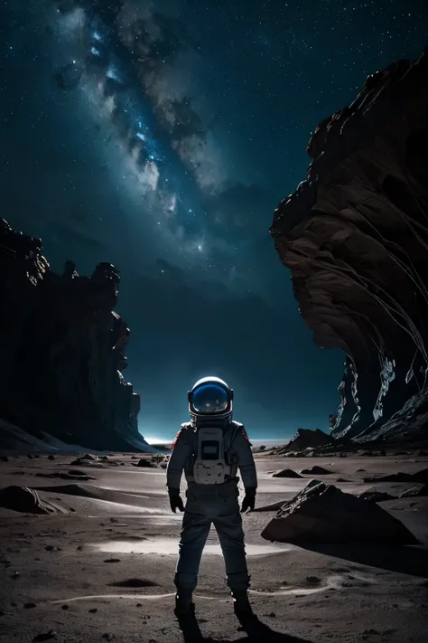 Ultra-detailed and hyper-realistic, an astronaut kid explores a new alien planet. He dons a spacesuit, taking small steps on the unfamiliar terrain. Nearby, a massive science fiction space ship hums with activity. Exotic creatures with glowing eyes observe...