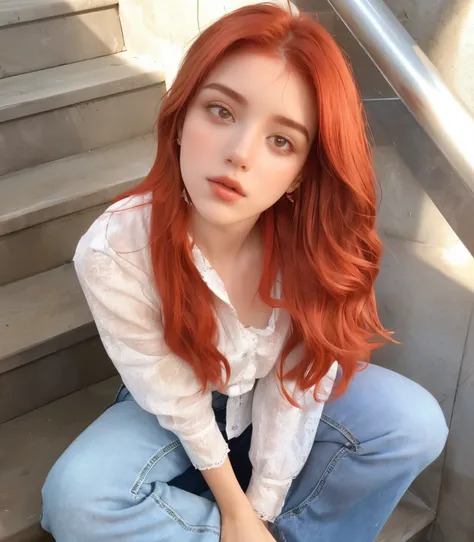 arafed woman Con cabello rojo sitting on steps with a white shirt, lavabo sadie, pelo rojo y rasgos atractivos, ella tiene el pelo largo y renaranjado, ella tiene el cabello rojo, pelo rojo claro, She has long orange-brown hair., pelo rojo largo y brillant...