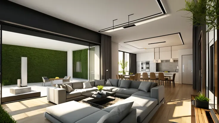 You are a famous interior designer、You have been asked to create a 3D image of a modern large room. Create a harmonious environment with modern and minimalist furniture. Including garden interior.