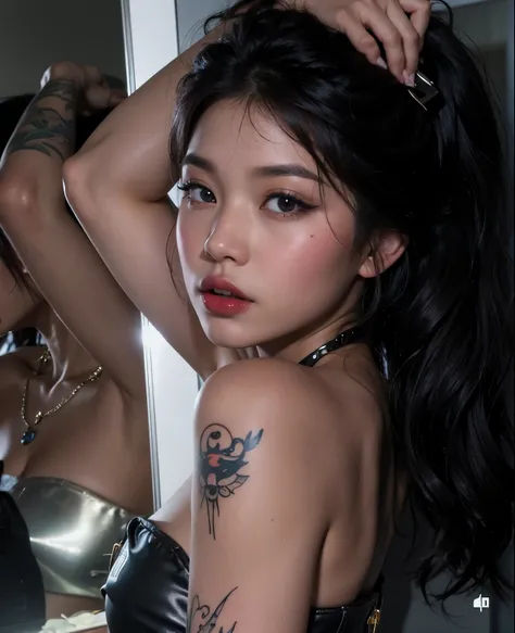 there is a woman with a tattoo on her arm posing in front of a mirror, cindy avelino, with tattoos, nivanh chanthara, fanart, 18 years old, asian features, soft devil queen madison beer, of taiwanese girl with tattoos, solo photoshoot, seductive lady, madi...