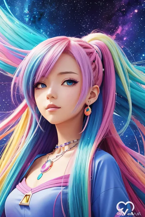 a close up of a woman with colorful hair and a necklace, anime girl with space hair, Pastels depicting vivid loss, artwork in the style of Gweiz, fantasy art style, colorful]」, vivid fantasy style, rossdraws cartoon vibrant, cosmic and colorful, Gweiz, col...