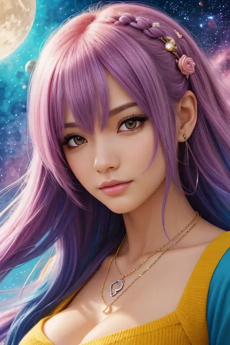 a close up of a woman with colorful hair and a necklace, anime girl with space hair, Pastels depicting vivid loss, artwork in the style of Gweiz, fantasy art style, colorful]」, vivid fantasy style, rossdraws cartoon vibrant, cosmic and colorful, Gweiz, col...