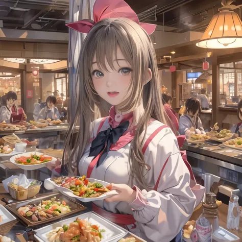 最高masterpiece、realistic anime images、masterpiece、1 girl、23 years old、（standing position、looks fun、put food on a tray）、（Buffet style restaurant、Lots of food on the table）