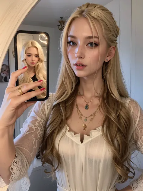 blonde woman taking a selfie in a mirror with a cell phone, with long blond hair, long glowing ethereal hair, white highlights in hair, with very long blonde hair, brunette with dyed blonde hair, her hair is white, a girl with blonde hair, with white long ...