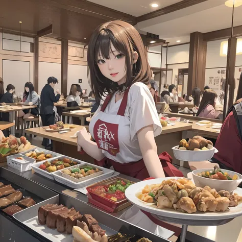 最高masterpiece、realistic anime images、masterpiece、1 girl、23 years old、（standing position、looks fun、put food on a tray）、（Buffet style restaurant、Lots of food on the table）