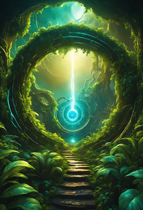  Vines are entangled，The Gate of Time and Space is covered with lush plants，Web portals，wormhole，swirl，distortion，Mechanical gears，connected, Alien worlds and alien jungles，（（（escaped alien））），lightning，wave，lightwave，Luminous ions，Ray tracing