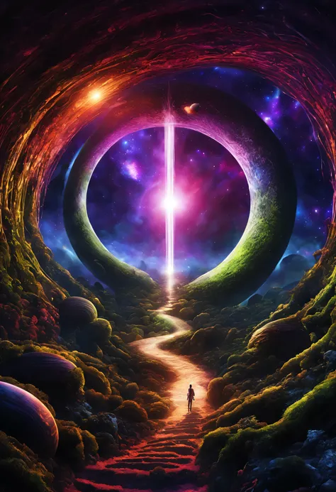 the gate of time and space，web portals，wormhole，swirl，connected, alien worlds and alien jungles，alien creatures，