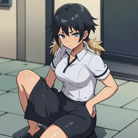 Anime girl with black hair and blue eyes has blonde hair tied in four pigtails and wears a  uniform 