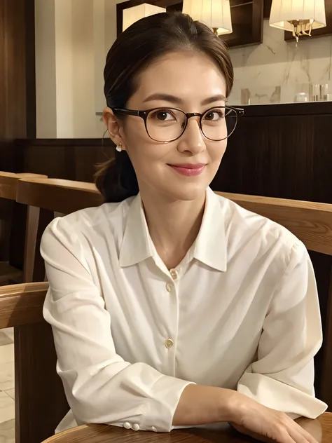 masterpiece, best quality, photorealistic, (portrait), a beatiful woman, high ponytail, white shirt, (glasses), sitting at a table in a luxurious cafe with coffee, looking at viewer, detailed faces, beautidful eyes