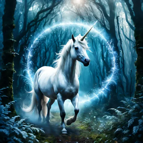 A photographic image with double exposure, which depicts a magical foggy portal and a unicorn emerging from it, magic portal in the forest thicket, a beautiful white unicorn with its details and clear textures comes out of a magical portal and spreads magi...