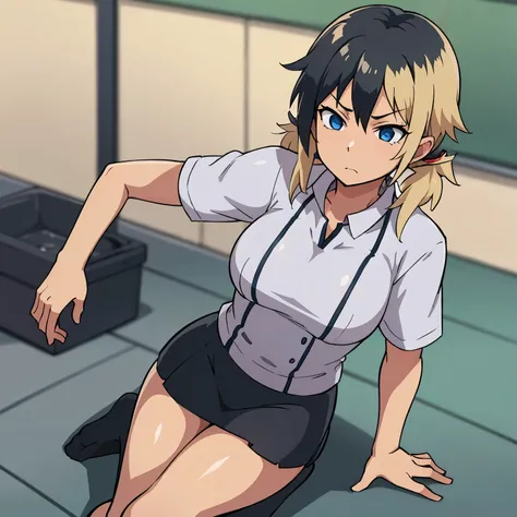 Anime girl with black hair and blue eyes has blonde hair tied in four pigtails and wears a  uniform 