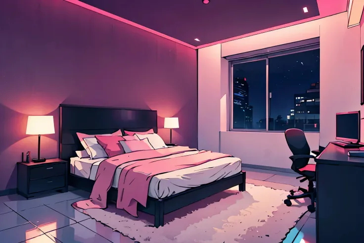 minimalist bedroom, pink, no humans, at night