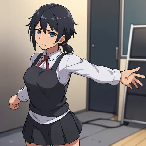 Anime girl with black hair and blue eyes has blonde hair tied in four pigtails and wears a  uniform 