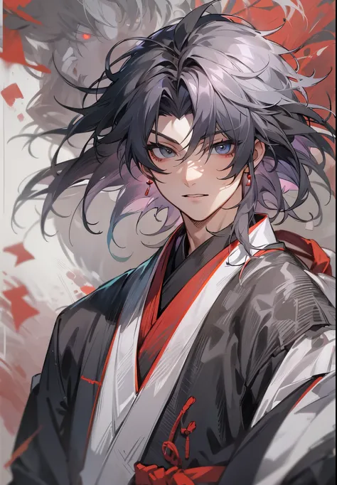 1male , Two-Toned Hair , White and Black Hair , Messy Hair , Short Hair, Large Ear Rings , Red Martial Arts Clothing , Black Baggy Pants , Red Haori, Grey Sash