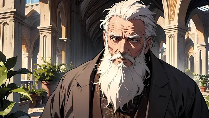 seryously italian old man in a rovine romane, in a greenhouse, white hair with beard, royal minister, serious face, detailed face, confused face, full of expression