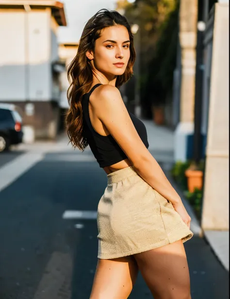 raw photo, casual photo of beautiful old italian woman with perfect hair wearing tshirt and mini skirt and black collant, sexy p...