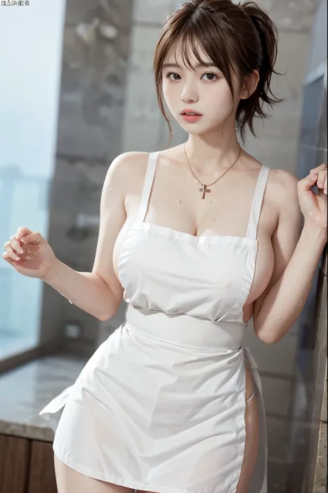  body、Full body Esbian、body is turned sideways、very thin waist、very huge breasts:1.2、ponytail、plump thighs、natural skin、ultra fine face、perfect hands、extra thin hands,  Best Ratio、hyper realistic, ((naked apron))、 8K, muste piece, super detail, high qualit...