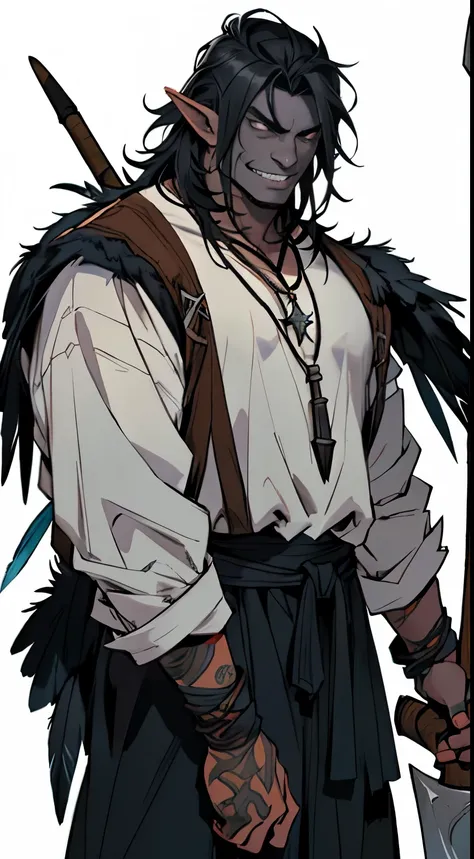 A half-human-orc man, gray in color, black hair and black eyes, holding a large two-handed axe. Wear calico clothes Wear a necklace with animal fangs and feathers.