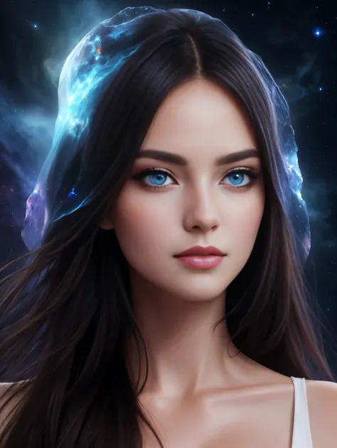 Masterpiece, an ultra hot gorgeous European woman , age 23, High Detail Eyes, Perfect Eyes, High Detail Face, Same Eyes, Glare, Rainbow Color, Global Illumination, Soft Light, Dream Light, Digital Painting, 8K, Fantasy, Night Sky, Stars, Nebula, White Crys...