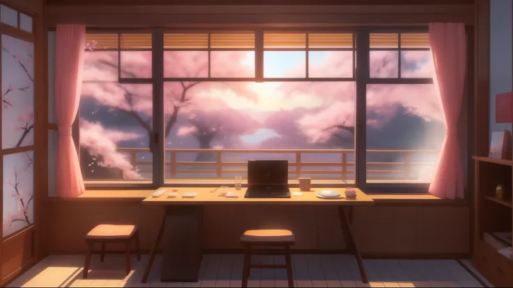 Anime scene of a sitting woman, anime movie, 満開のcherry blossoms, Gentle light, ,cherry blossoms, Backward Facing Woman