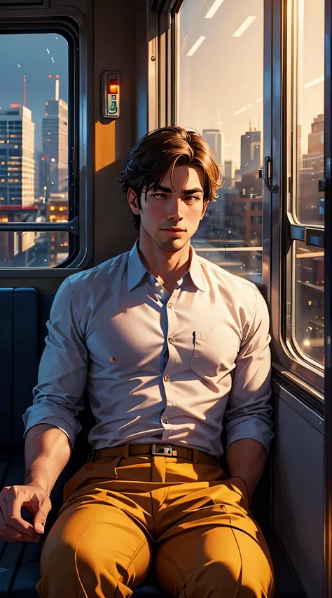 (high quality,realistic,detailed,4k),father,son,sitting inside the train,looking out of the window,train window,scenic view,city buildings,passing by landscapes,train tracks,reflection of lights,compelling composition,vibrant colors,soft lighting,photoreal...