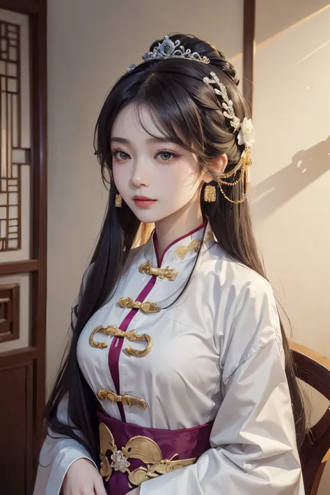 Portrait of a young and radiant 20-year-old saintess, graced with a beautiful and adorably cute face, adorned in a thin and seductive ao dai that embraces her figure. The ao dai boasts an alluring deep slit and captivating black and white lace trim, showca...