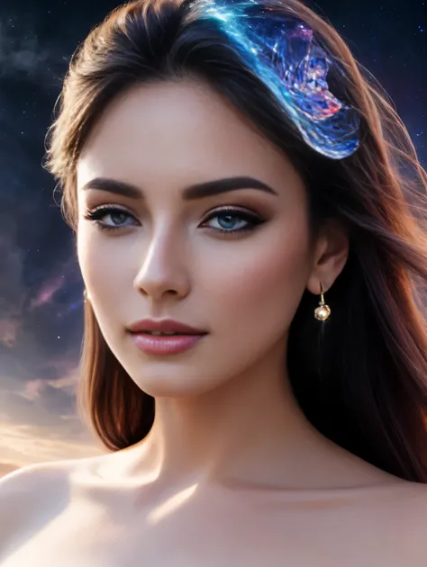 Masterpiece, an ultra hot gorgeous European woman , age 23, High Detail Eyes, Perfect Eyes, High Detail Face, Same Eyes, Glare, Rainbow Color, Global Illumination, Soft Light, Dream Light, Digital Painting, 8K, Fantasy, Night Sky, Stars, Nebula, White Crys...