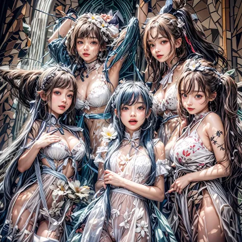 (sfw, White and Red, Acutance:0.8), Masterpiece, (realistic and ((photorealistic:1.37)) with touch of rawness). A group of KAWAII girls in opened  without bra . (extremely detailed KAWAII face variations, joyful expression variations), { Navel | pretty Ass...