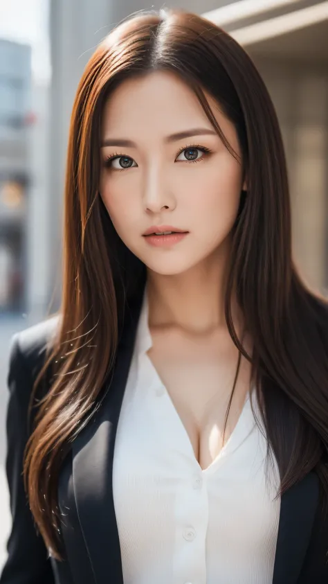 （1 person），Hostess face、angry look、30 years old、Married woman、Business attire、High quality、Super realistic、Married womanの体型、日本人のMarried woman、 perfect eyes、Shining beautiful skin、Shopping district、Above the chest