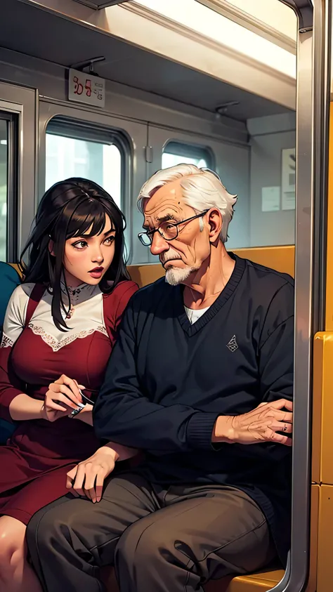  The couple suggests something and talking something serious to the old man, inside the train where they all are sitting 