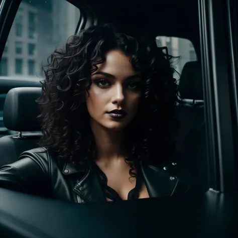 WOMAN WITH CURLY HAIR, lots of curls, shiny, Dark, moody photograph of a goth girl sitting in the back seat of a car, holding a cell phone ((taking a selfie)), dressed all in black and looking out the window with ((lustful expression)), (long take), heavy ...